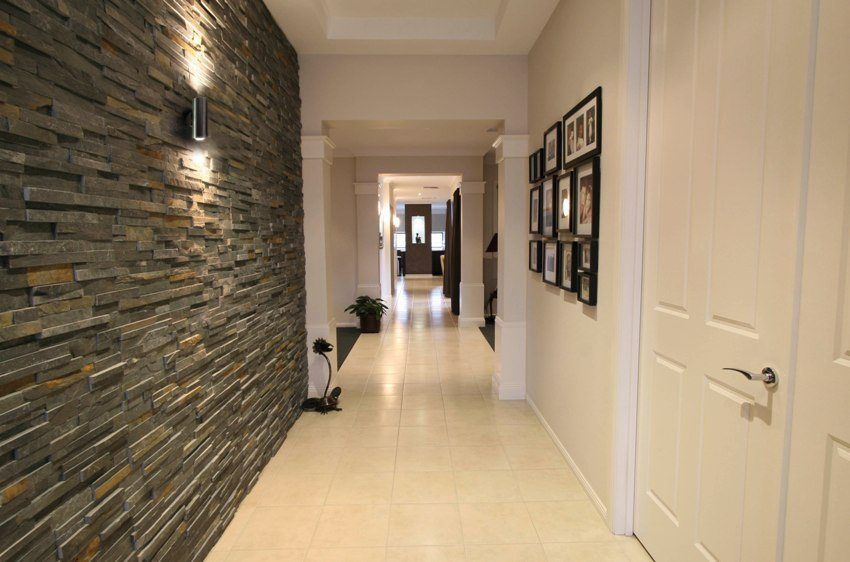 Decorating the hallway with decorative stone and wallpaper. Photos of finished works