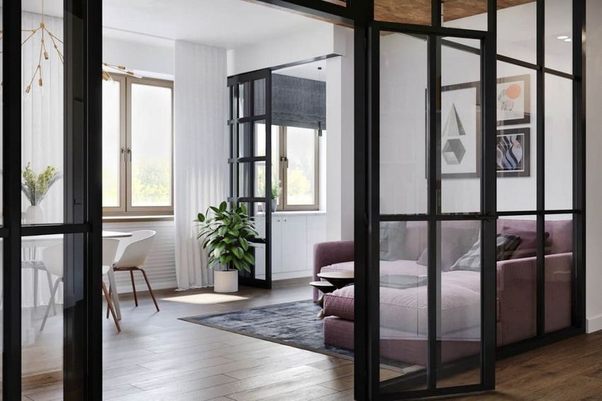 Interroom glass door as a stylish accent in a modern interior