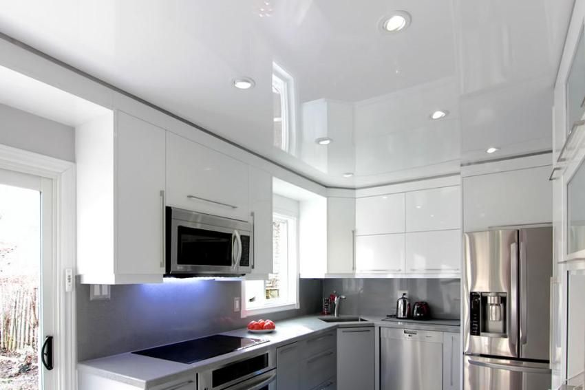 Stretch ceiling in the kitchen. Design. Photo making. Correct installation