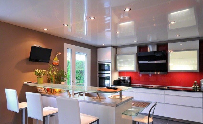 Stretch ceiling in the kitchen. Design. Photo making. Correct installation